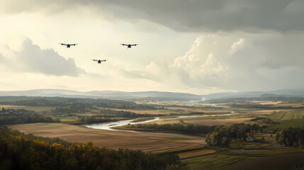 Naklejka premium Three airplanes fly over a vast, scenic landscape with fields, a river, and dramatic clouds under a bright sky.