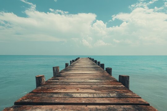 Tranquil wooden pier extending into tranquil blue water under a partly cloudy sky