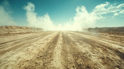 Fototapeta premium Dusty road stretches into hazy distance. Clouds of dust rise in the foreground