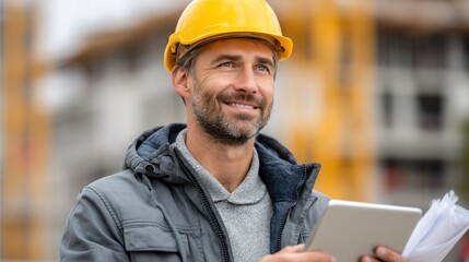Construction worker with tablet and blueprints