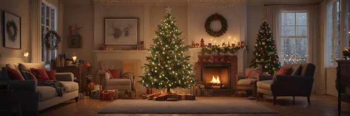 A beautifully decorated Christmas tree illuminates a cozy living room with twinkling lights ,  joy,  living room,  wood