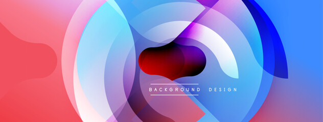 Abstract background features overlapping circles, vibrant colors. Red, blue gradients create dynamic visual effect. Modern design element.