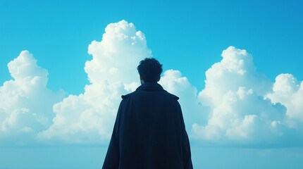 Silhouette d'un homme en costume vu de dos, regardant un ciel bleu clair avec des nuages blancs paisibles.