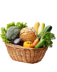 Wicker basket filled with fresh produce.  Various vegetables and bread are displayed