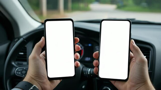 Two Smartphones with Blank Screens Held in Car - A person sits in a car holding two smartphones with blank white screens. The car's interior and a blurred road are visible in the background.  The imag
