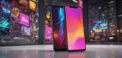Blank phone screen surrounded by vibrant graphics,  studio shot,  colorful design elements