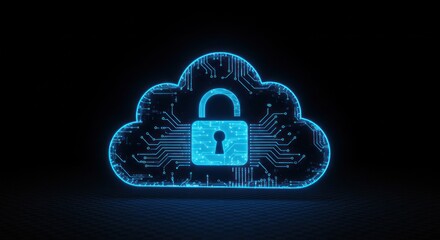 Blue cloud with padlock symbol on black background represents data security.