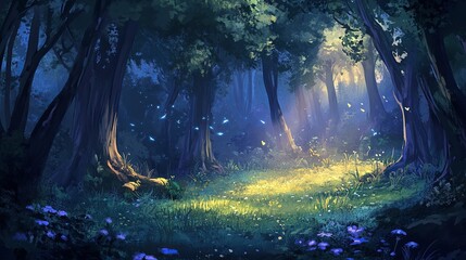 A dark forest with a shimmering clearing..