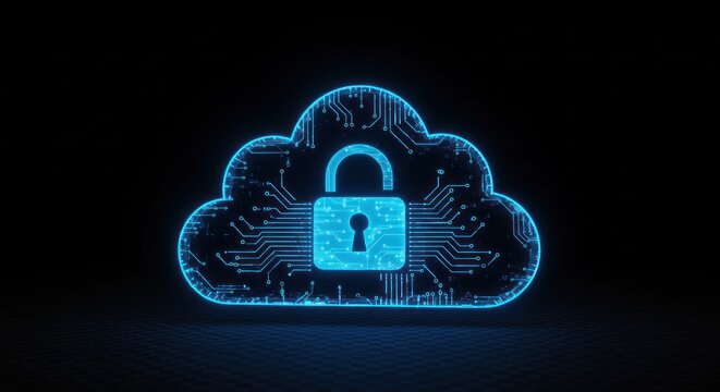 Blue cloud with padlock symbol on black background represents data security.