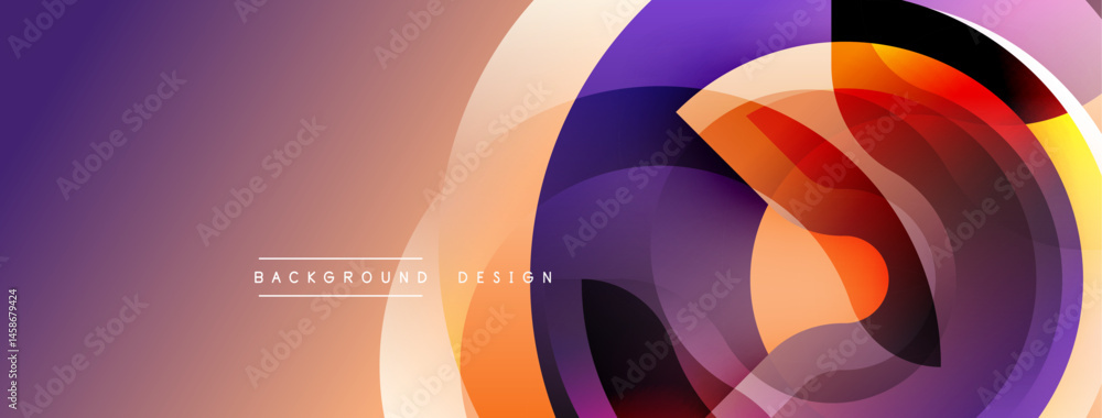 Poster Abstract design features layered circles, vibrant colors. Gradient transitions create dynamic visual effect. Modern background element.