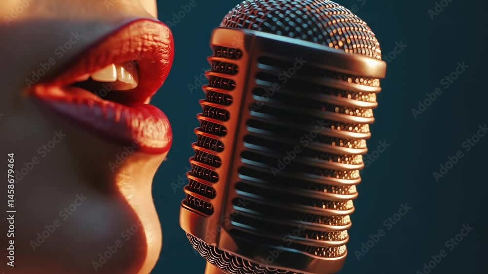 Poster close up of a singer's red lips performing a song with a vintage microphone, illuminated by orange l
