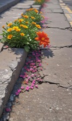 A vibrant flower bursts through weathered sidewalk cracks, showcasing resilience , detail, grey