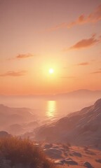 Golden sunrise, hazy pastel sky, magical atmosphere, art, sun