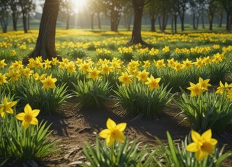 Lush green field alive with brilliant yellow daffodils basking in sunlight , green field, bloom, meadow