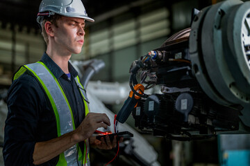 male engineer workers maintenance automatic robotic arm machine in a factory. worker checking and repairing automatic robot hand machine. technician worker check for repair factory machine.