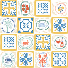 Mediterranean tile seamless pattern. Italian summer patchwork, mosaic print with ceramic ornament, lobster, sardine, tomatoes, wine, palm tree. Vector hand drawn textile design, background, wallpaper