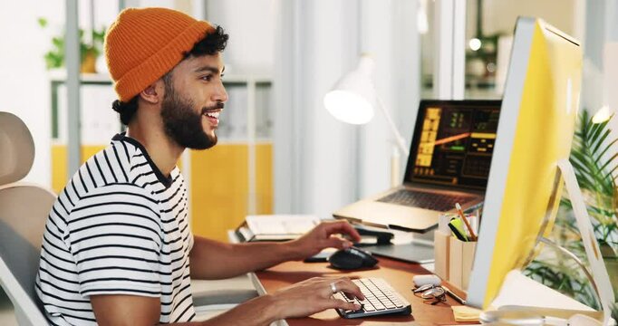 Win, business man and celebrate on computer for success, goal or creative game designer typing in startup. Yes, achievement and happy worker in office with design approval or fist pump for promotion