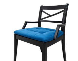 Black dining chair with blue cushion, isolated on a transparent background PNG
