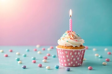 Cupcake Celebration: A delightful cupcake with a lit candle and colorful sprinkles, evokes a sense of warmth and festivity, and scattered sweets on the table in a pastel palette.