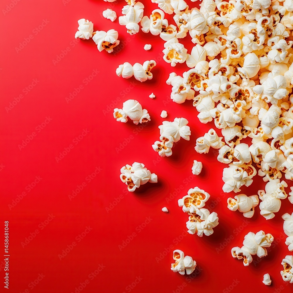 Poster overhead view of scattered white popcorn, spilling across a vibrant red surface, evoking the feeling