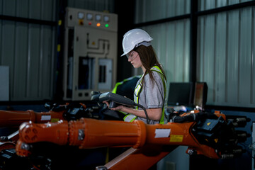 Fototapeta premium team engineers inspecting on machine with smart tablet. Worker works at heavy machine robot arm. The welding machine with a remote system in an industrial factory. Artificial intelligence concept.