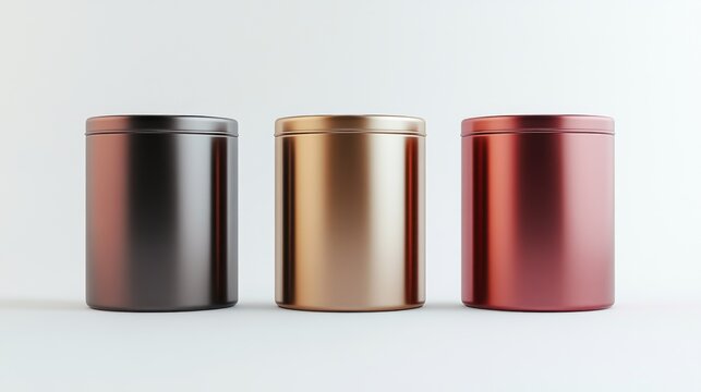 Three metallic cylindrical containers, in dark bronze, golden bronze, and copper-red hues, displayed in a studio setting