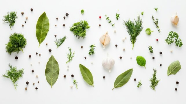Fresh herbs and spices arranged on a white surface