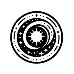 Celestial Mandala: Sun, Moon, Stars, Black and White Vector
