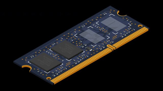 Isometric random access memory animation. RAM memory realistic 3d isometric. Computer hardware components. Transparent background with alpha channel