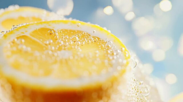 Refreshing lemon slice in fizzy sparkling water with bubbles and sunlight.