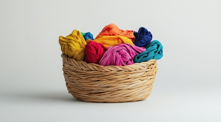 Colorful clothes neatly piled in a shallow woven basket