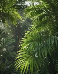 Vibrant green palm leaves, sunlight dappled, rich textures , botanical, tropical, texture
