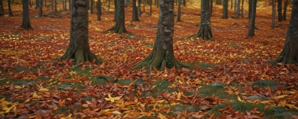 Vibrant fall leaves scattered on forest floor, season, yellow, banner