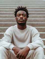 Fototapeta premium Portrait of a young african-american man sitting on a set of stairs. he is wearing a beige sweater and sweatpants, and his hands are resting on his knees.