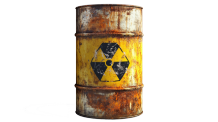 Rusty yellow barrel with radioactive symbol displayed against a white background