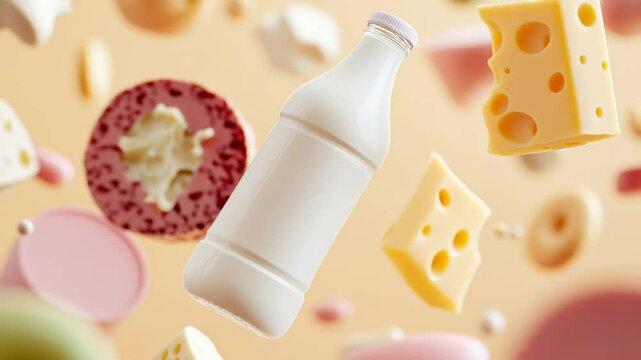 Assorted dairy products and cheese slices floating in a minimalist background.
