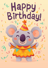 happy birthday card with little koala in party hat with confetti around