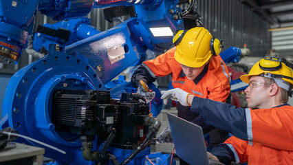 group of male engineer workers maintenance automatic robotic arm machine in a dark room factory....