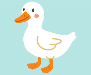 white duck stands tall with an orange beak and burning eyes. Cute simple style hand dawn illustration isolated on blue. bird design for print on clothe paper child things.