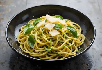 Zucchini and Basil Pasta in a Dark Bowl