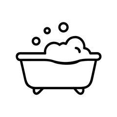 Fototapeta premium Black and white line icon of a bathtub with bubbles, symbolizing bath time, cleanliness, and baby hygiene routines. 