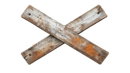 Exposed wooden cross laid against a white background highlights rustic charm