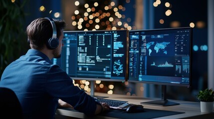 Focused male programmer working at dual monitor setup with data visualization.