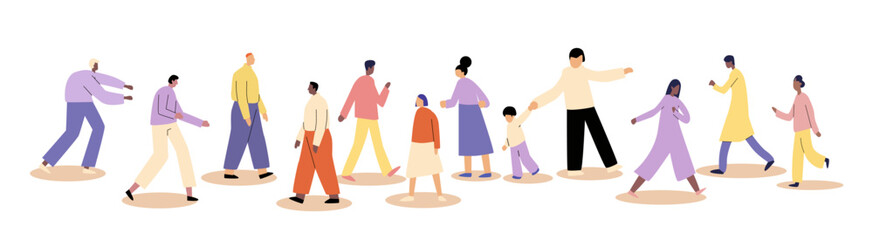 This image does not depict trade war or tariffs war concepts or feature any country flags. It shows a diverse group of people walking in different directions on a white background