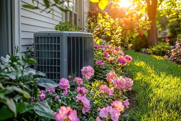 Energy-Efficient Air Conditioning Unit in Lush Garden with Vibrant Pink Flowers and Sunlight
