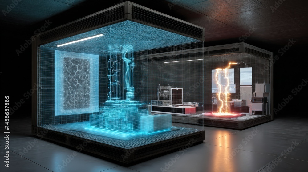 Poster futuristic display of artistic installations with illuminated artifacts