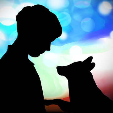Little boy with a dog. Silhouette art