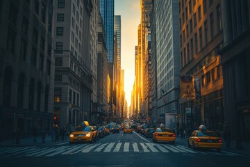 Urban avenue bathed in golden sunset light.  Busy street, tall buildings,  New York City vibes