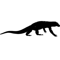 Solid black silhouette of a Komodo dragon stalking, Vector Graphic
