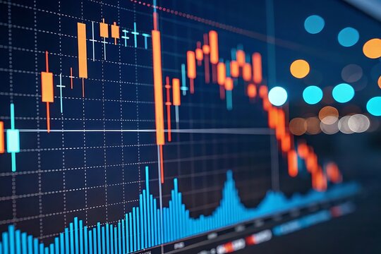 Financial Market Fluctuations: A close-up of a computer screen displays a dynamic stock market graph with rising and falling lines, representing the volatile nature of financial markets.